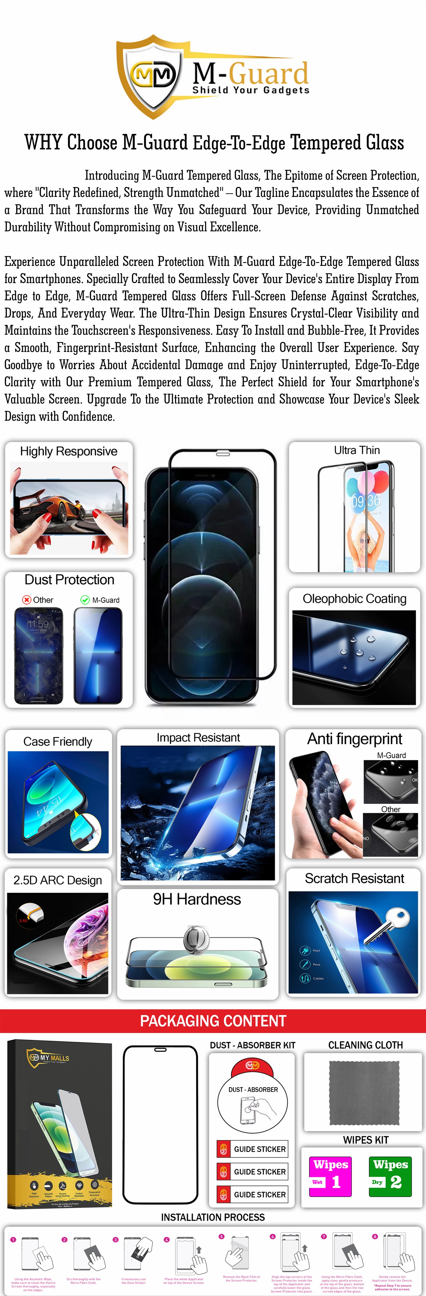 M-Guard edge-to-edge tempered glass: highly responsive, ultra thin, dust protection, oleophobic coating, case friendly, impact resistant, anti-fingerprint, 2.5D arc design, 9H hardness, scratch resistant. Packaging includes the glass, dust-absorber kit with guide stickers, cleaning cloth and wet and dry wipes, plus an eight-step installation guide.